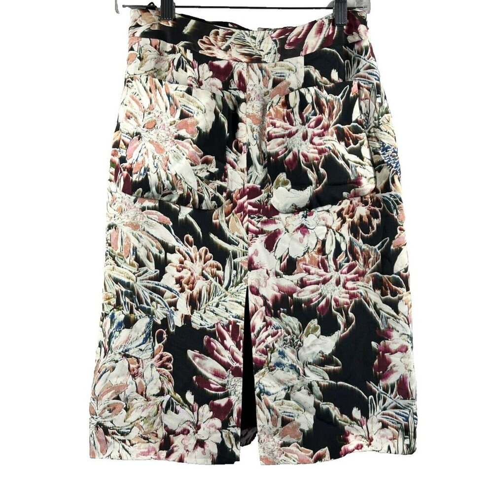 L'agence Women's Skirt‎  2 Floral 100% Silk Front Slit Lined Patch Pockets Paris